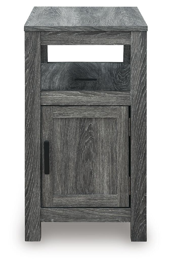 Chair side end table in dark gray wood with open shelf and cabinet door with black pull