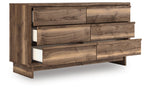 Six-drawer dresser in brown wood with two drawers slightly open and straight legs