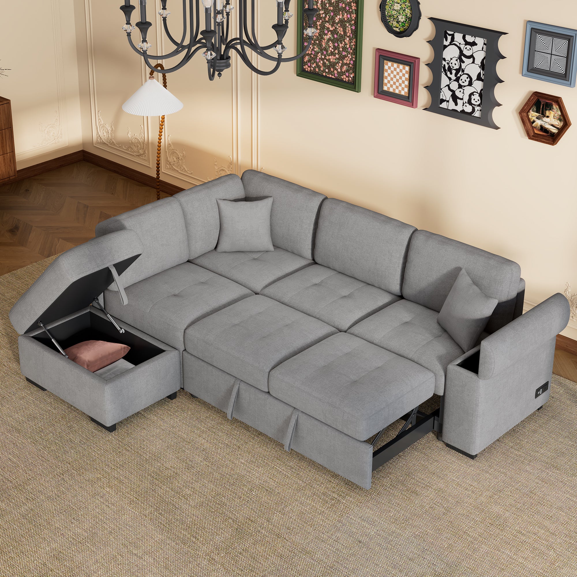 L-Shape Sleeper Sectional Sofa w/ Storage & USB Charging