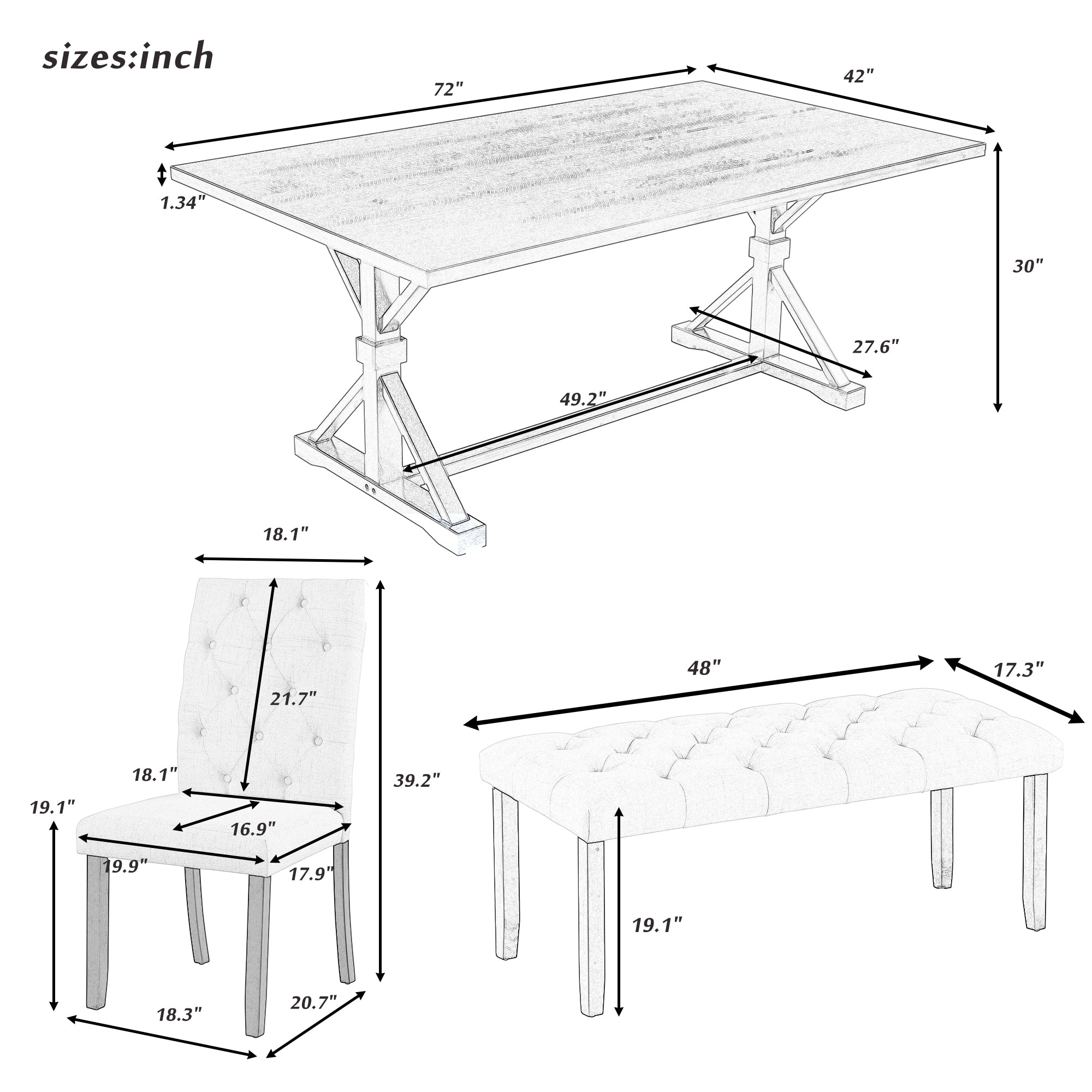 6-Piece Farmhouse Dining Set, 72" Table & Bench