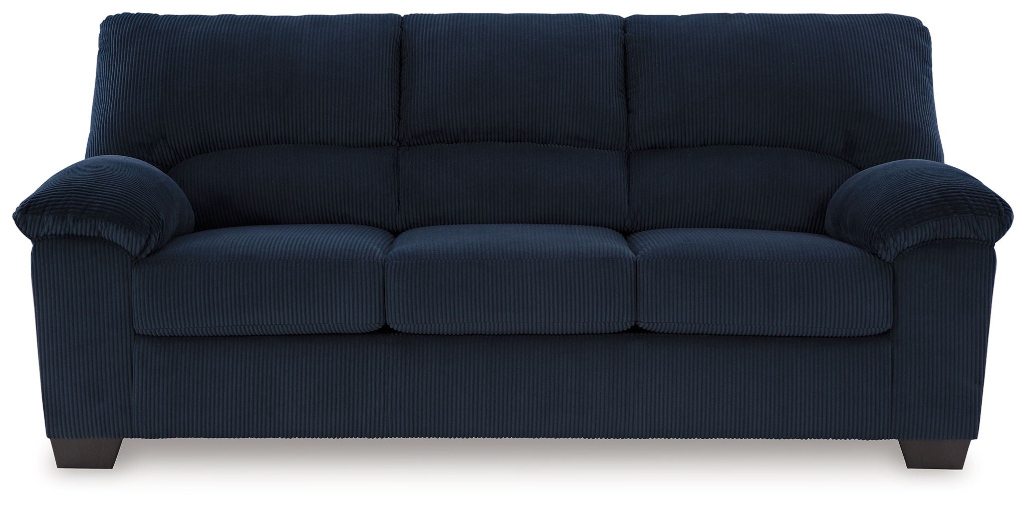 Blue upholstered sofa with padded armrests, tufted back cushions, and square legs.