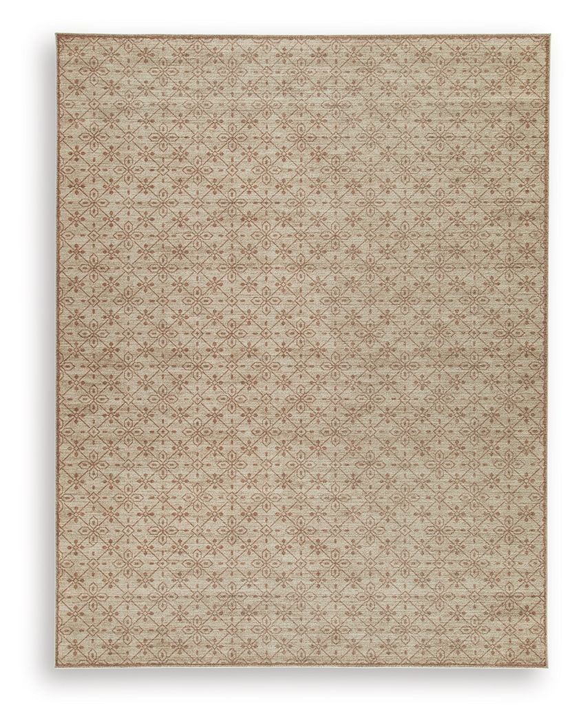 Area rug with light beige background, small red geometric motifs, and bordered edges