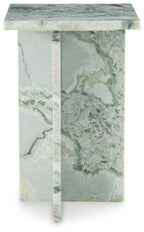 Marble-look accent table with square top and tapered legs, green veining