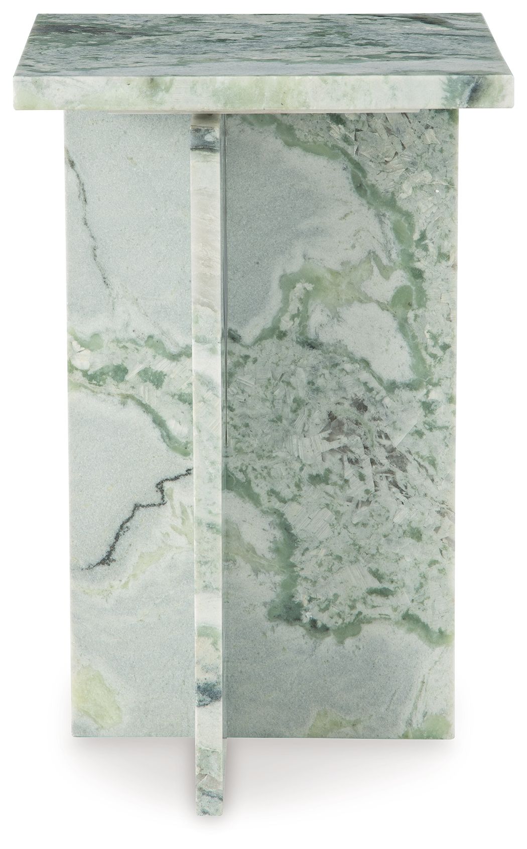 Marble-look accent table with square top and tapered legs, green veining