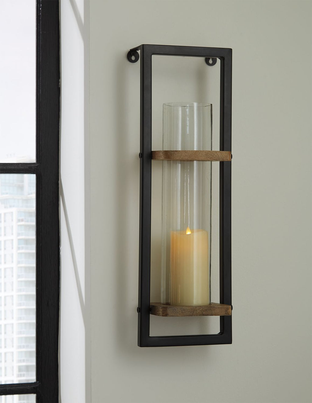 Rectangular black wall sconce with clear glass tube and natural wood middle band