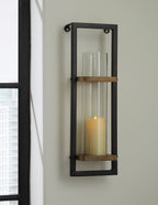 Rectangular black wall sconce with clear glass tube and natural wood middle band