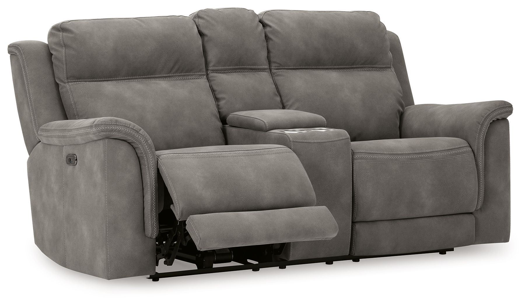 Dark gray reclining power loveseat with extended footrest and padded armrests