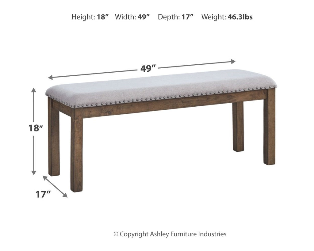 Beige upholstered bench with dark wood legs and round nailhead trim
