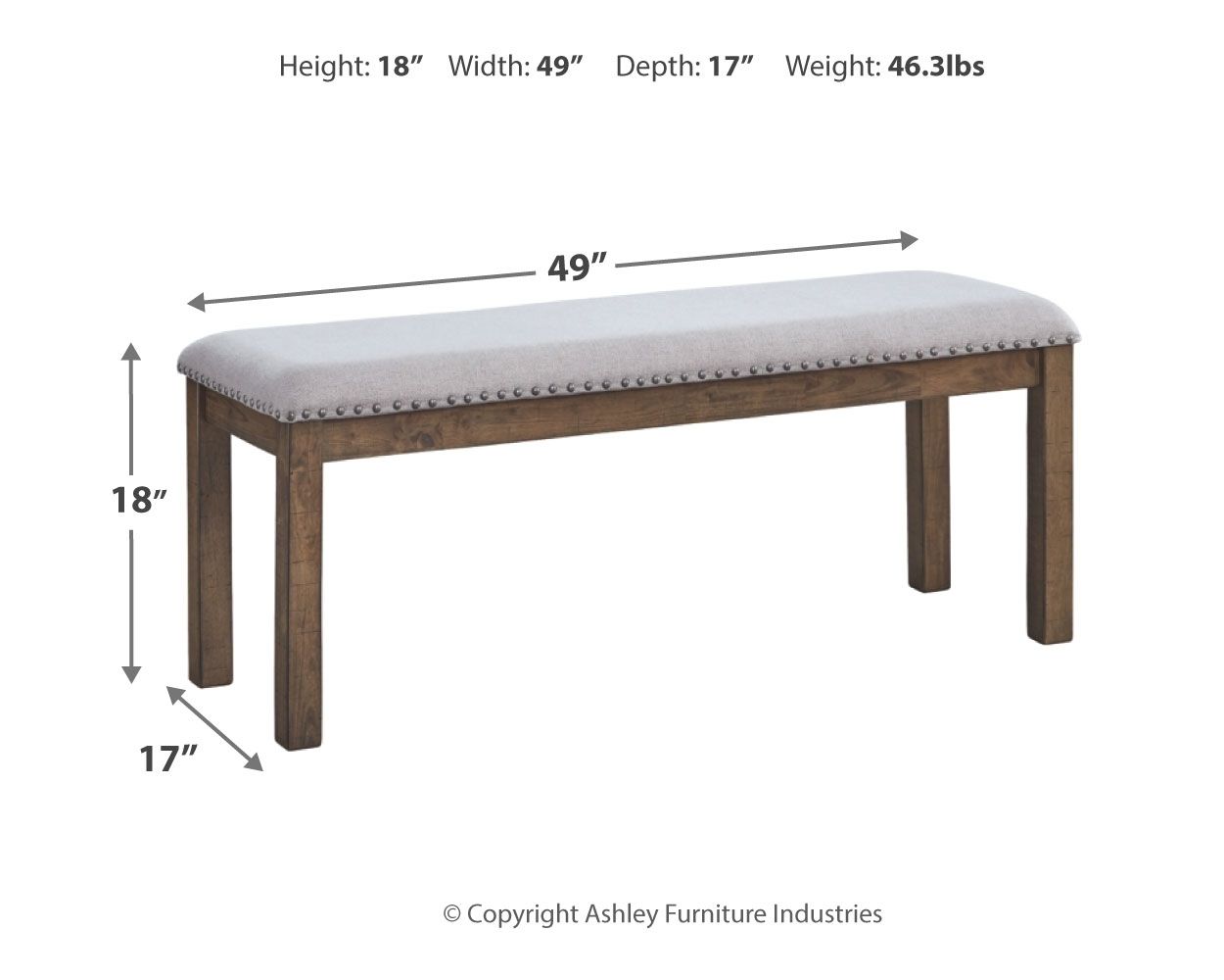 Beige upholstered bench with dark wood legs and round nailhead trim