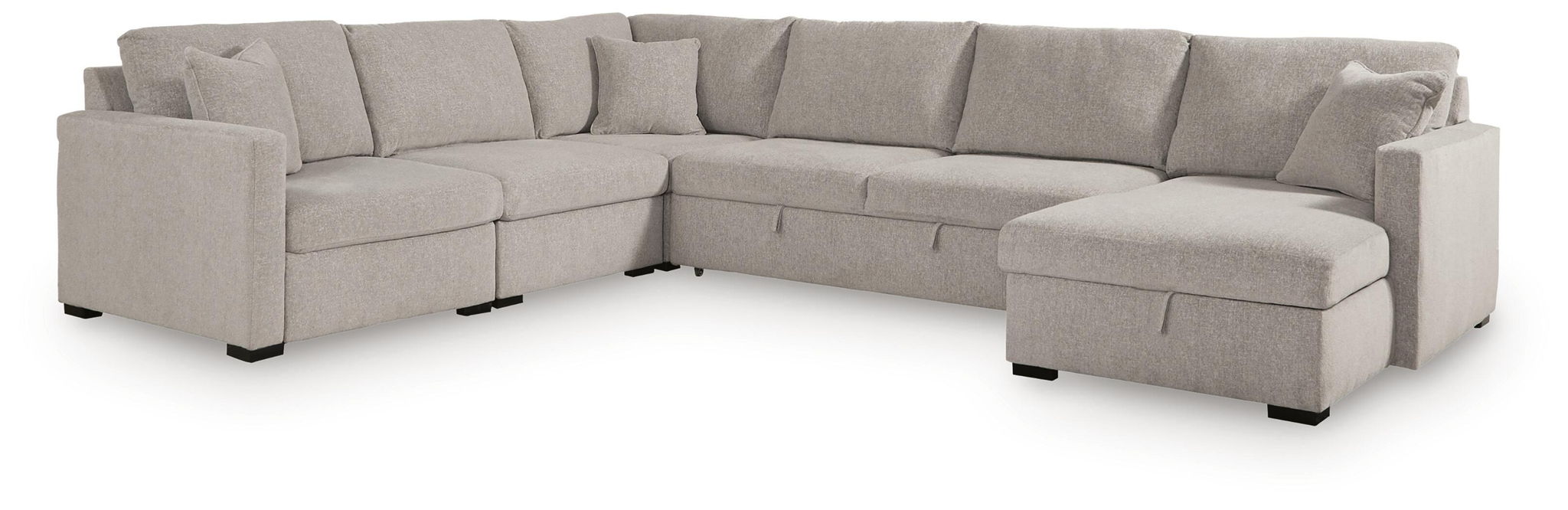 Gray corner sectional sofa with long chaise ottomans and clean seat cushions