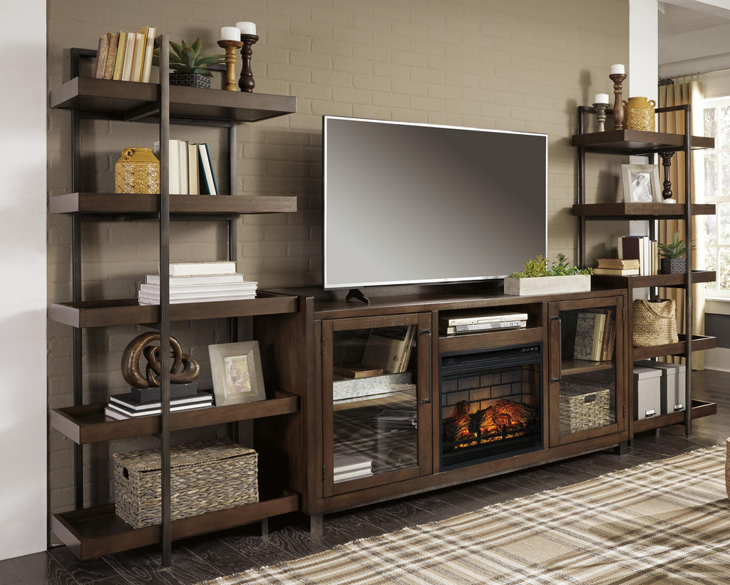 Dark brown entertainment center TV stand with faux fireplace insert and tiered side shelves