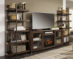 Dark brown entertainment center TV stand with faux fireplace insert and tiered side shelves