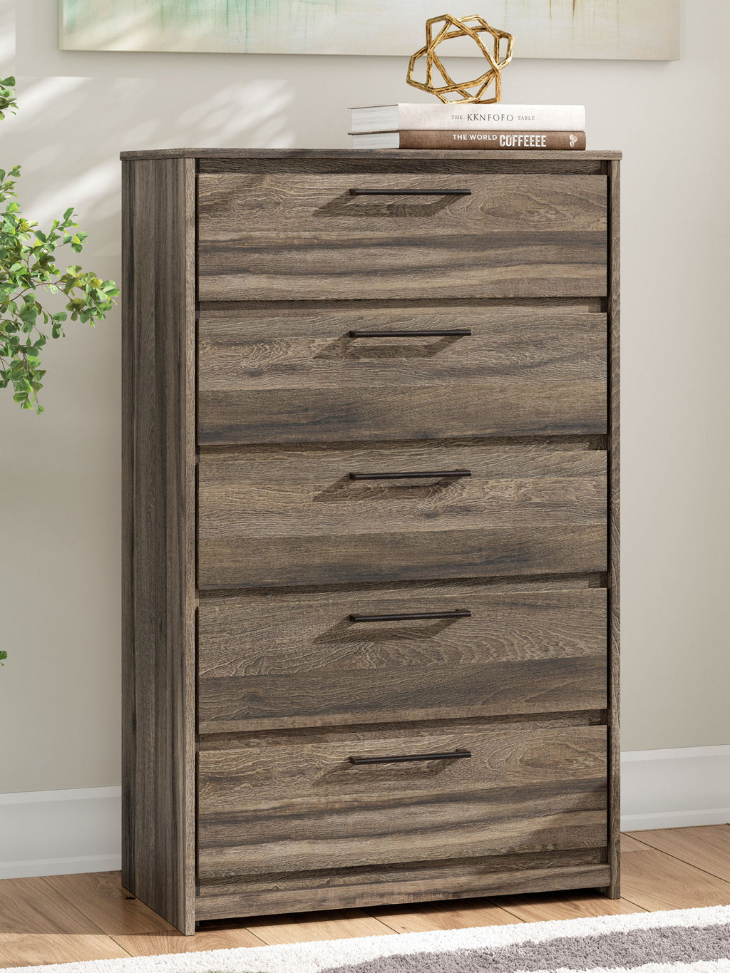 Five-drawer chest, dark brown wood grain finish, metal bar pulls on drawers