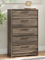 Five-drawer chest, dark brown wood grain finish, metal bar pulls on drawers