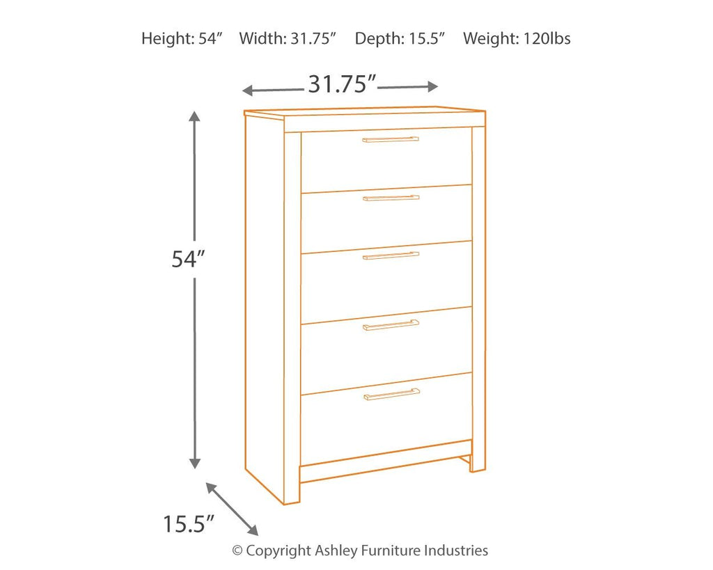 Five-drawer chest with front view and size diagram