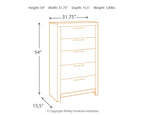 Five-drawer chest with front view and size diagram