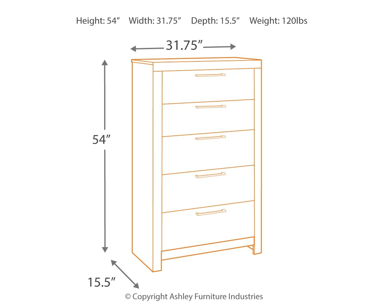 Five-drawer chest with front view and size diagram
