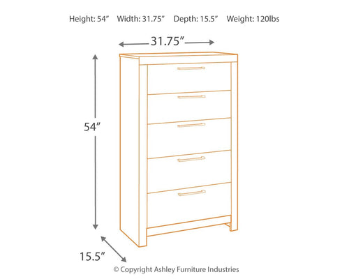 Five-drawer chest with front view and size diagram