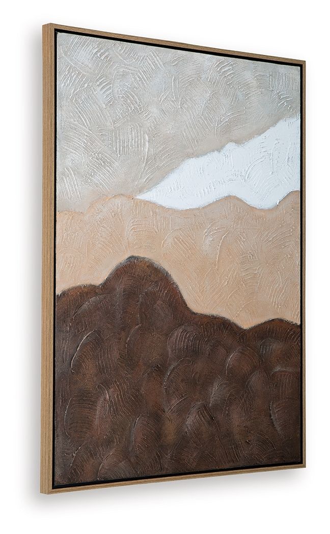 Framed abstract wall art, close view of tan and white swash over dark brown textured area
