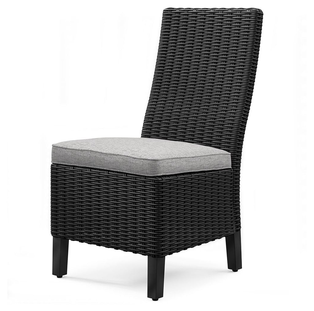 Black woven side chair with light gray seat cushion and tall backrest