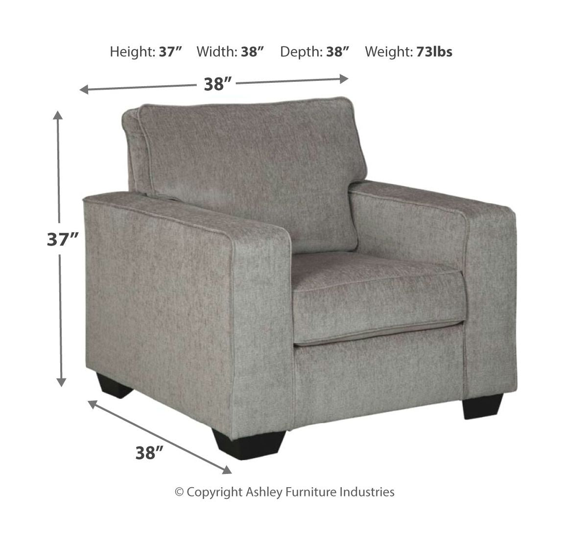Gray fabric armchair with rectangular seat cushion (38 in wide)