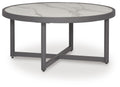 Gray round table with light marble-look top, X-style apron, and four legs