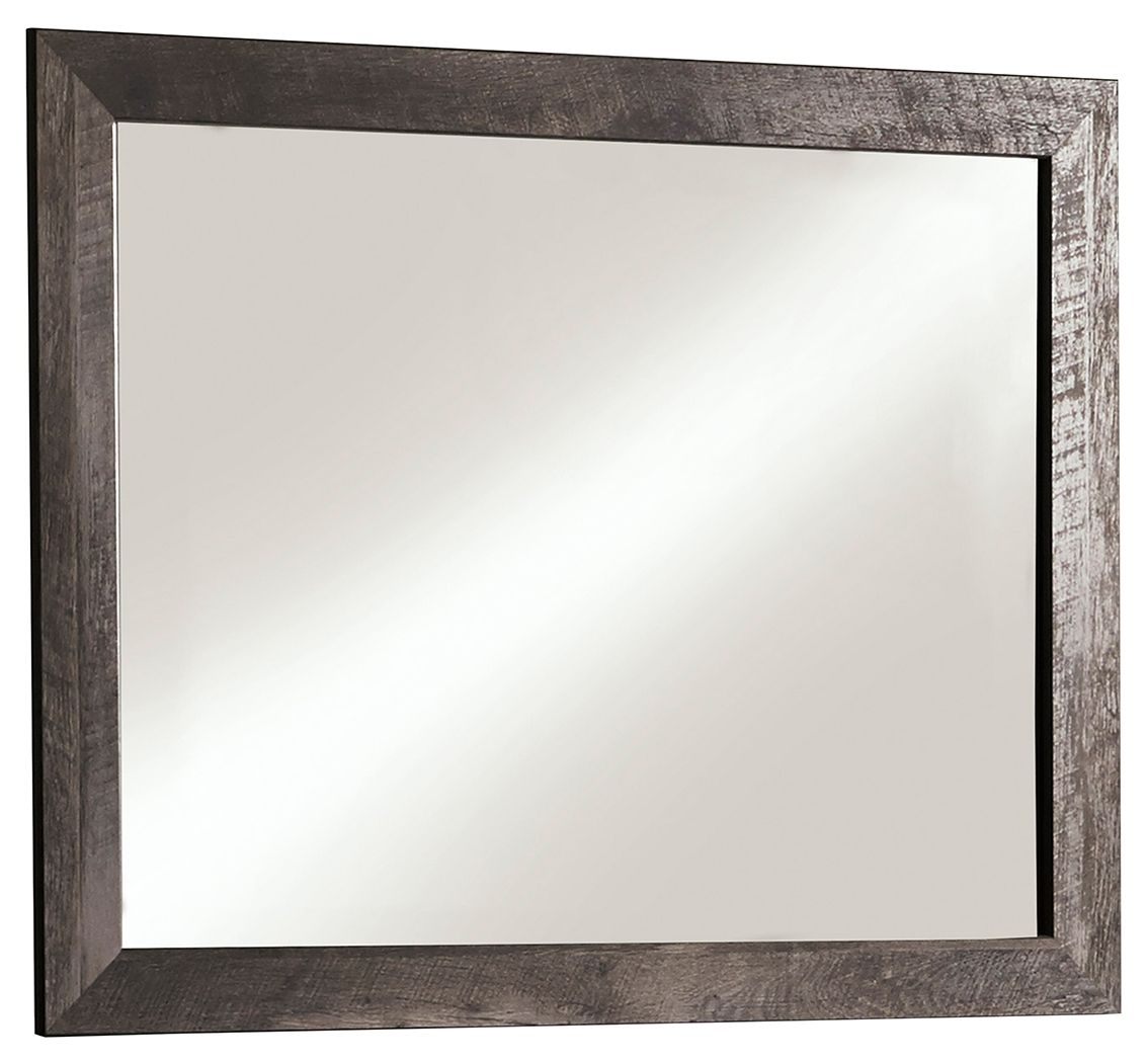 Bedroom mirror with gray rectangular frame and flat reflective glass