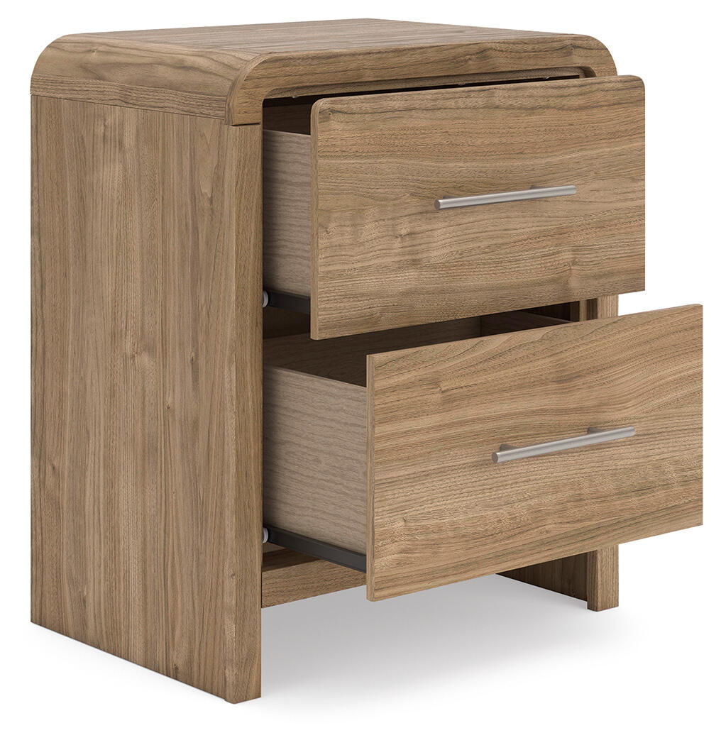Warm natural brown two-drawer nightstand with one drawer open and metal bar pulls