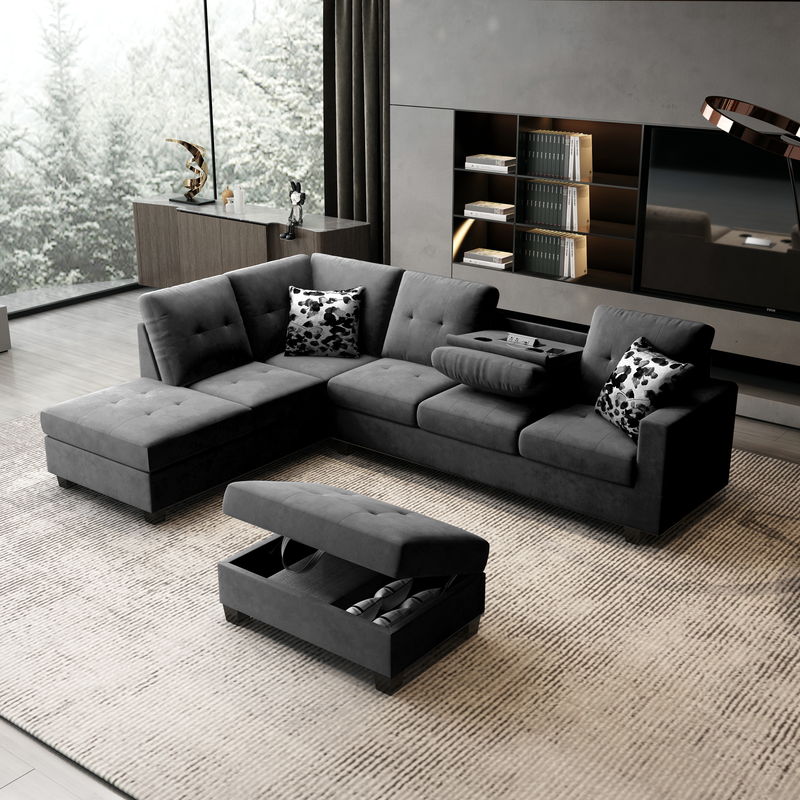 Remi - Velvet Reversible Sectional Sofa With Dropdown Table, Charging Ports, Cupholders, Storage Ottoman, And Pillows