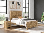 Light brown wooden panel bed with crossbuck headboard, white bedding and gray throw