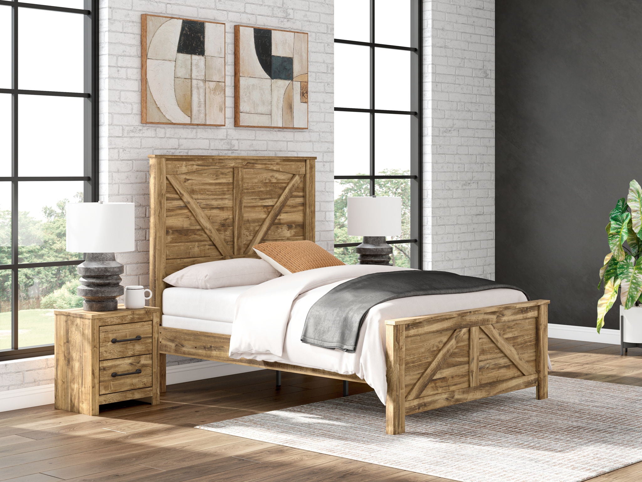 Light brown wooden panel bed with crossbuck headboard, white bedding and gray throw