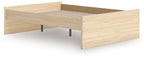 Light brown platform bed with slatted base and two metal support legs, no front storage