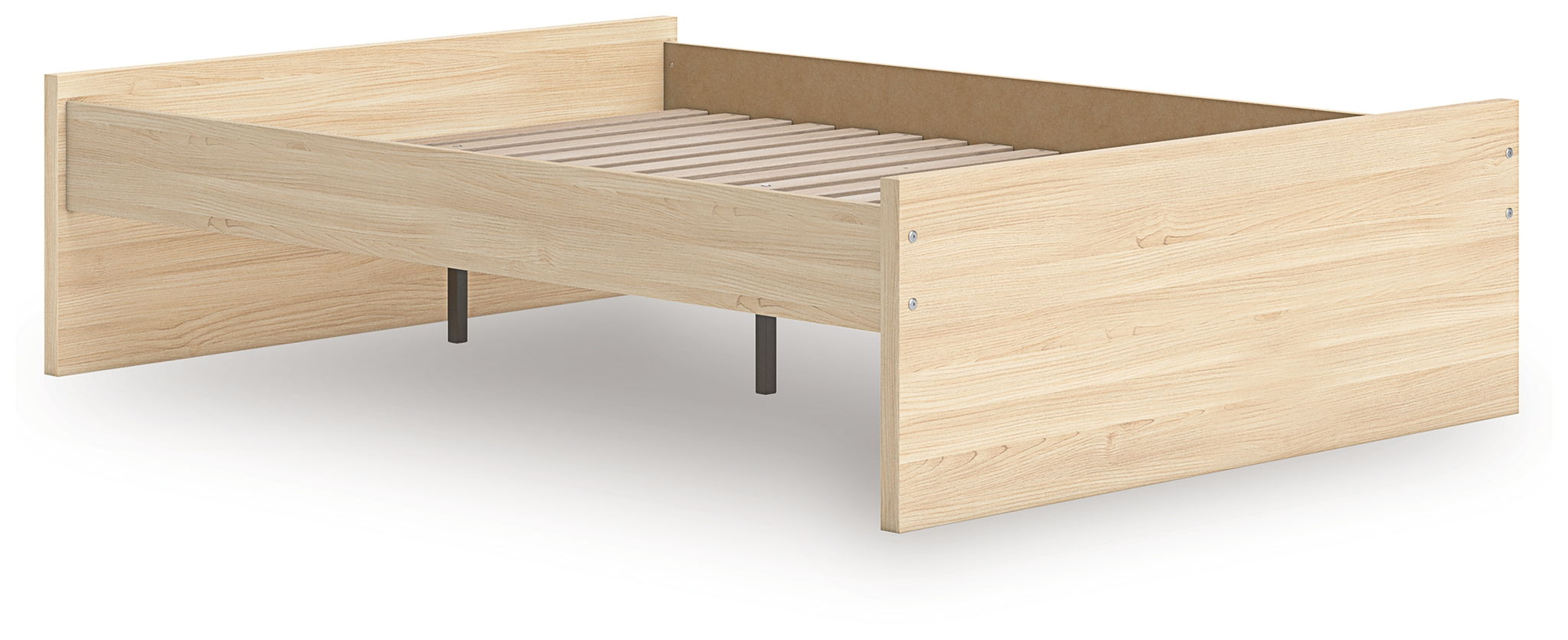 Light brown platform bed with slatted base and two metal support legs, no front storage
