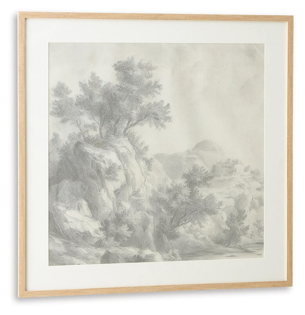 Framed gray monochrome landscape wall art with tree branches and distant hills