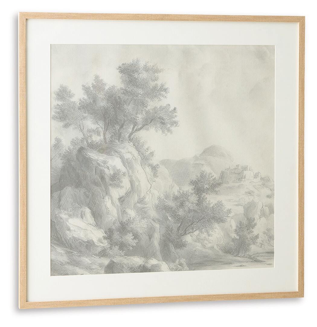 Framed gray monochrome landscape wall art with tree branches and distant hills