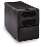Black console with audio system, upholstered cube with two front speaker grilles