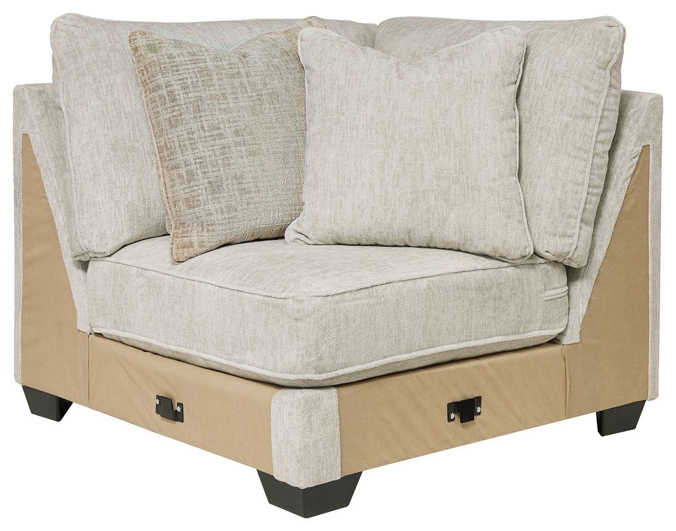 Light grey fabric wedge sectional with two cushions and dark feet