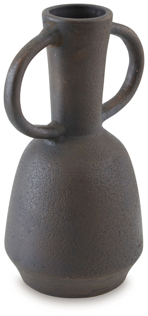 Distressed brown ceramic vase with loop handles, tall narrow neck.