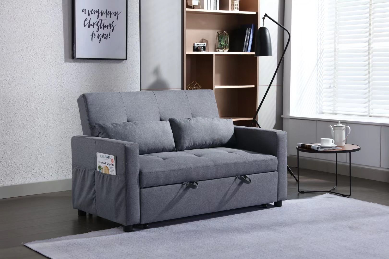 2 Seaters Slepper Sofa Bed.Dark Grey Linen Fabric 3-In-1 Convertible Sleeper Loveseat With Side Pocket.
