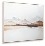 Framed mountain landscape wall art with white, gray, and brown layers