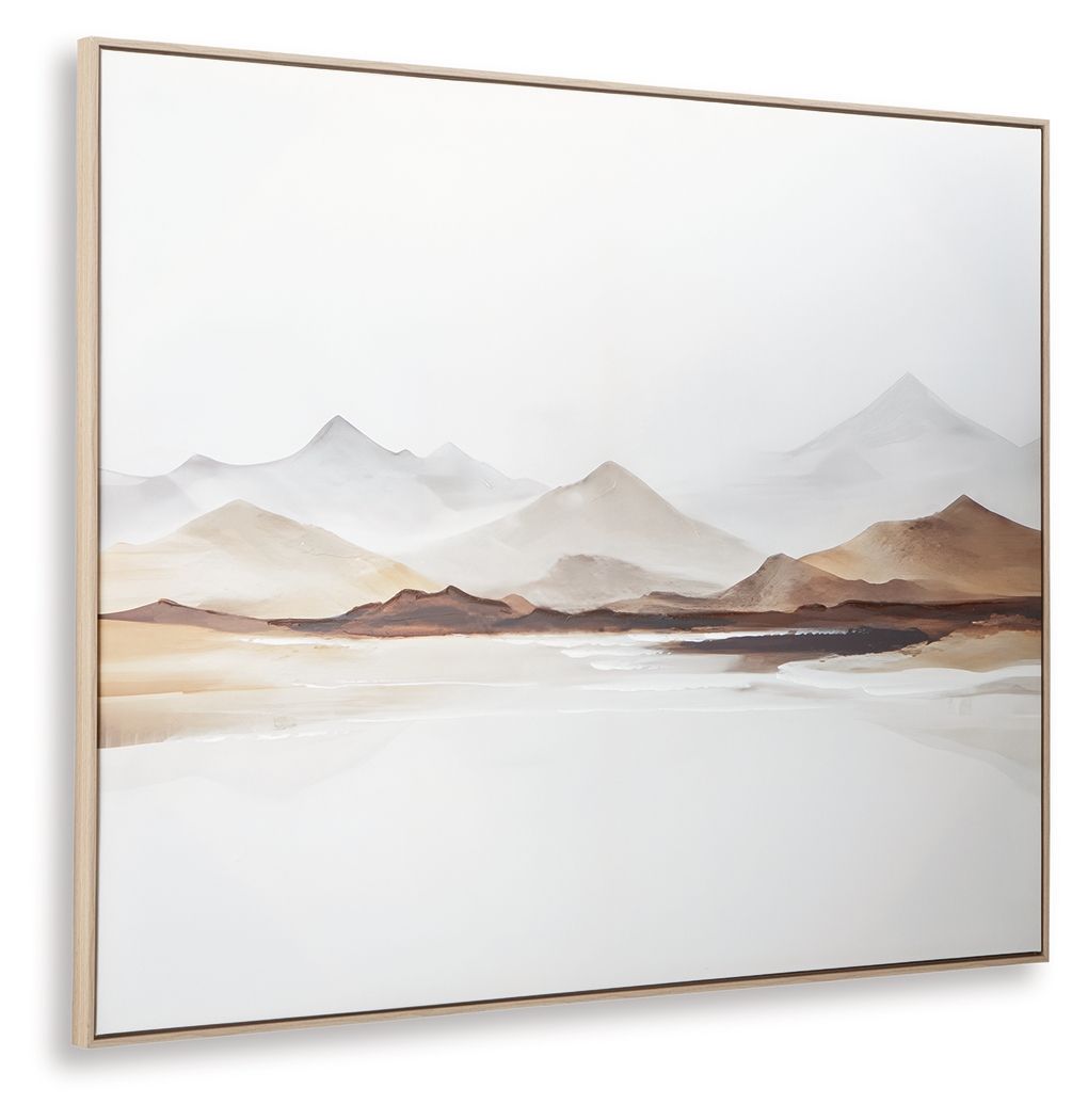 Framed mountain landscape wall art with white, gray, and brown layers