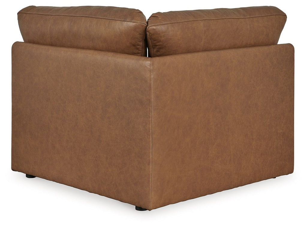 Caramel brown wedge upholstered seating section with square arms and visible seams