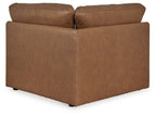 Caramel brown wedge upholstered seating section with square arms and visible seams