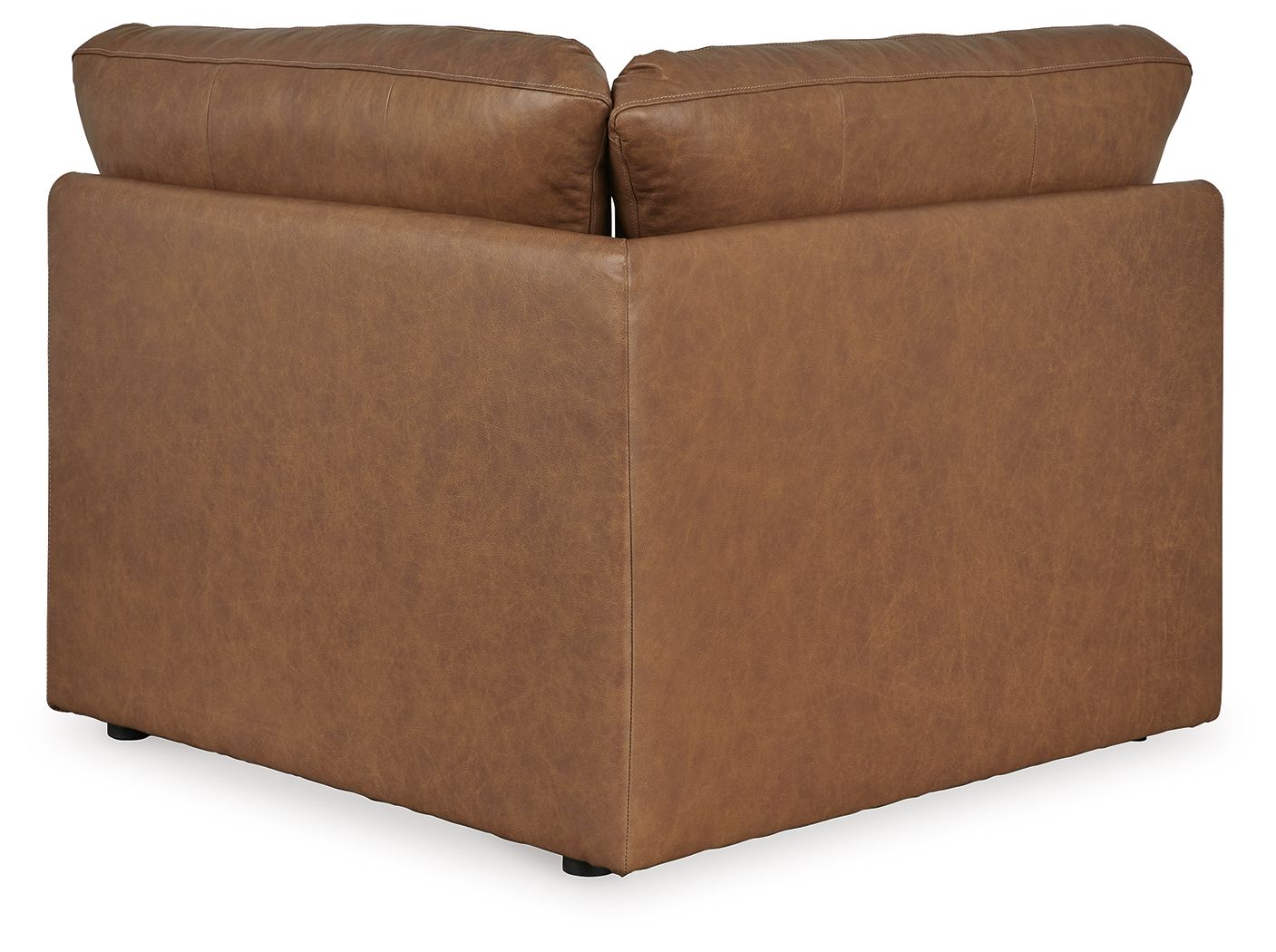 Caramel brown wedge upholstered seating section with square arms and visible seams