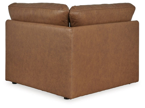Caramel brown wedge upholstered seating section with square arms and visible seams