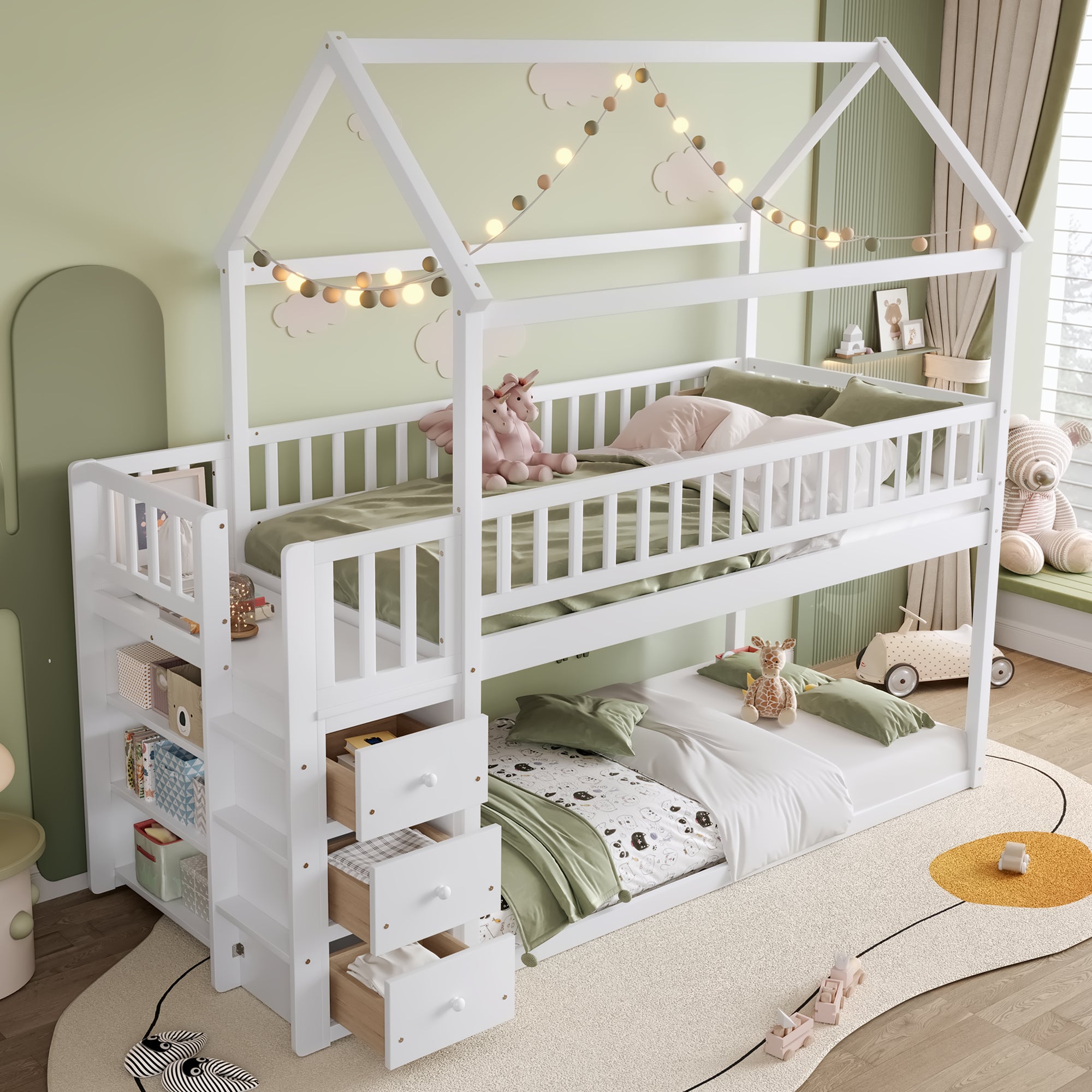 White Twin House Bunk Bed with Storage: Shelves & Drawers
