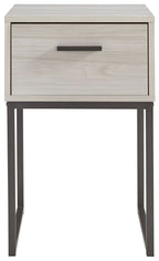 Light natural nightstand with one drawer and dark tapered legs, bar pull