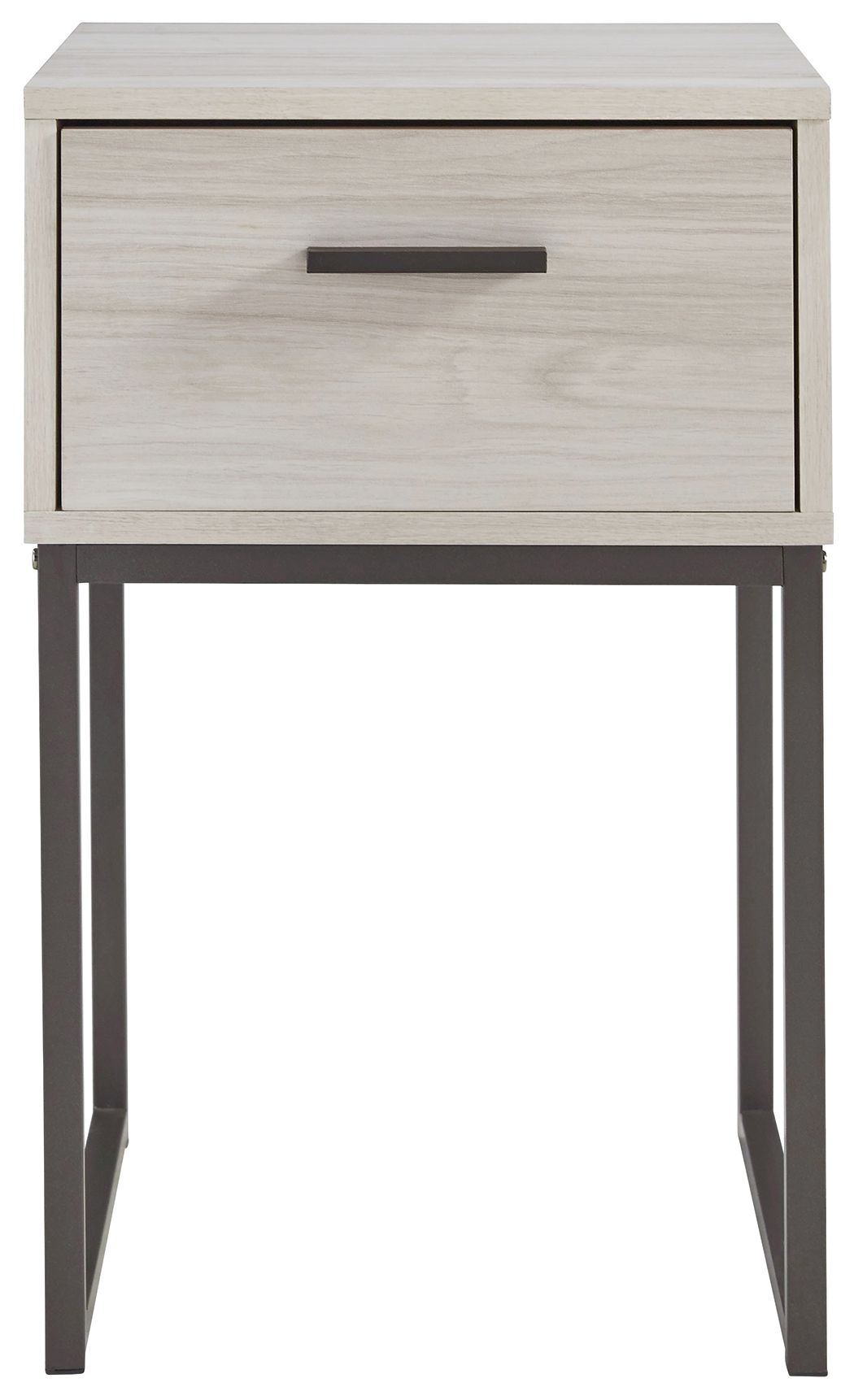 Light natural nightstand with one drawer and dark tapered legs, bar pull