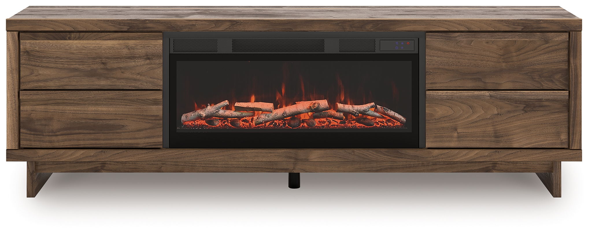 Dark brown wood TV stand with built-in fireplace insert and drawer storage