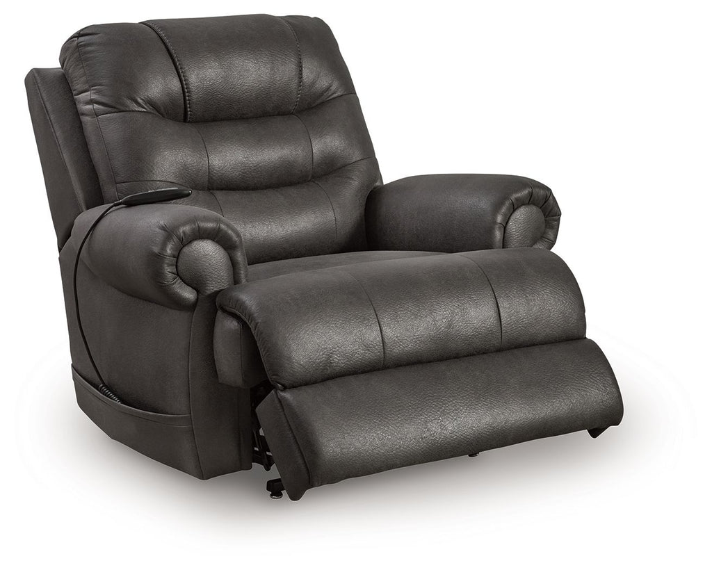 Black leather-look power lift recliner with wide armrests and extended footrest